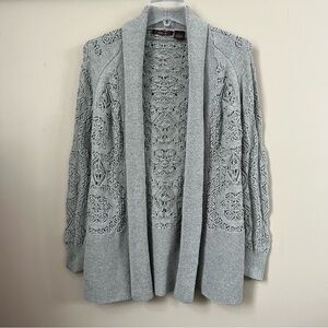 Heather B Gray Grey Cotton Crochet Knit Open-Front Cardigan Sweater SZ S